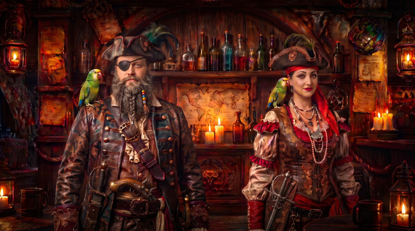 Åldrade porträtt av Joakim och Natalie i en dunkel piratkrog